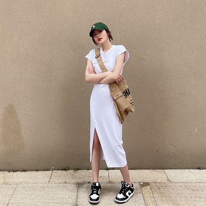 Đầm Thun Trắng Dài Xẻ Tà Nhấn Eo Thời Trang Cho Nữ