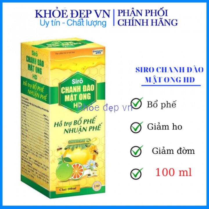 Siro Chanh Đào Mật Ong HD hỗ trợ bổ phế, nhuận phế, giảm ho, giảm đờm - Chai 100ml