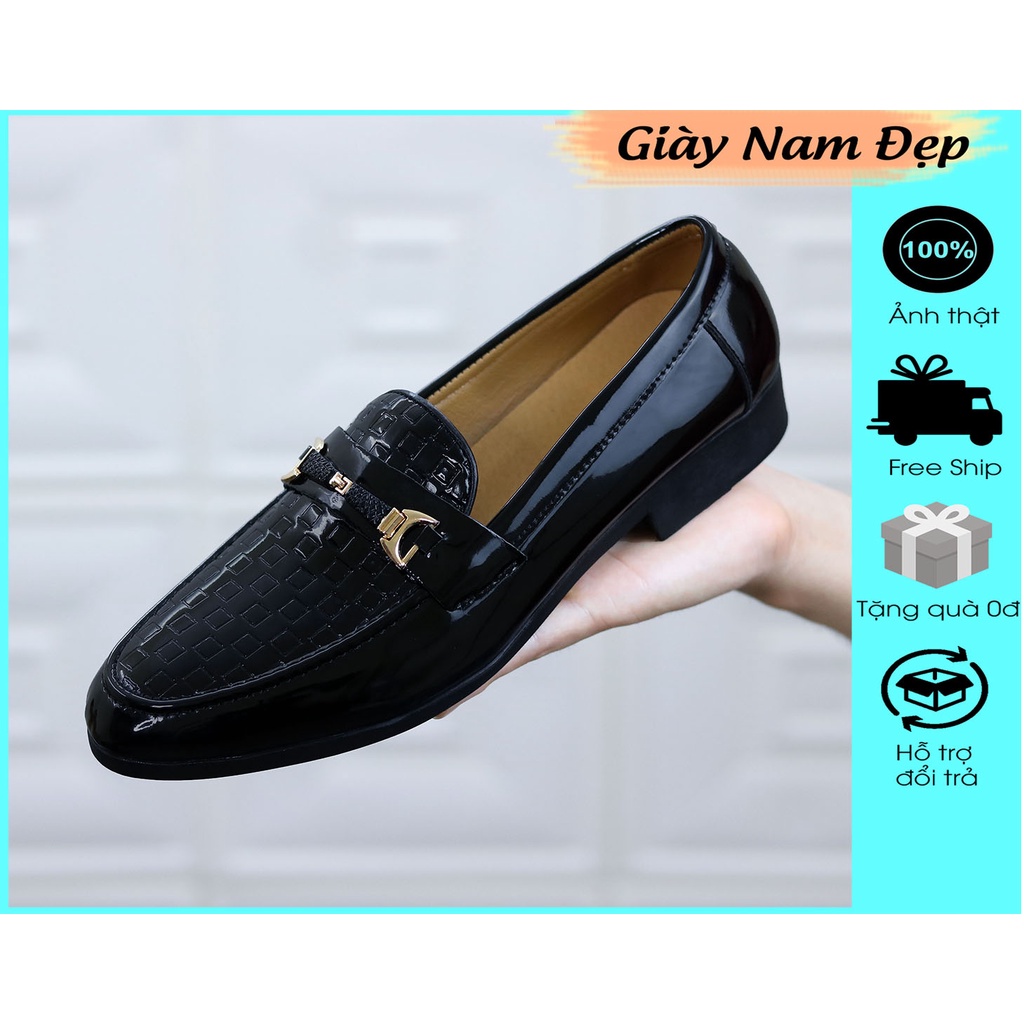 Giày Lười Nam Giá Rẻ, da bóng, Đế Cao 3cm - Mã L157 Màu Đen