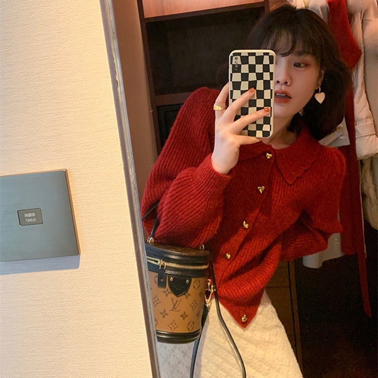 Áo Khoác Len Cardigan Màu Đỏ Phong Cách Giáng Sinh Thời Trang Thu Đông Mới 2022 Cho Nữ