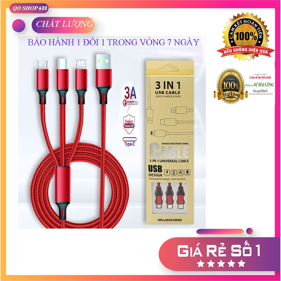 Dây cáp sạc 3 trong 1 Đầu Lightning,Micro,USB Type C dành cho iphone, samsung, Dây sạc nhanh chính hãng , cáp sạc nhanh