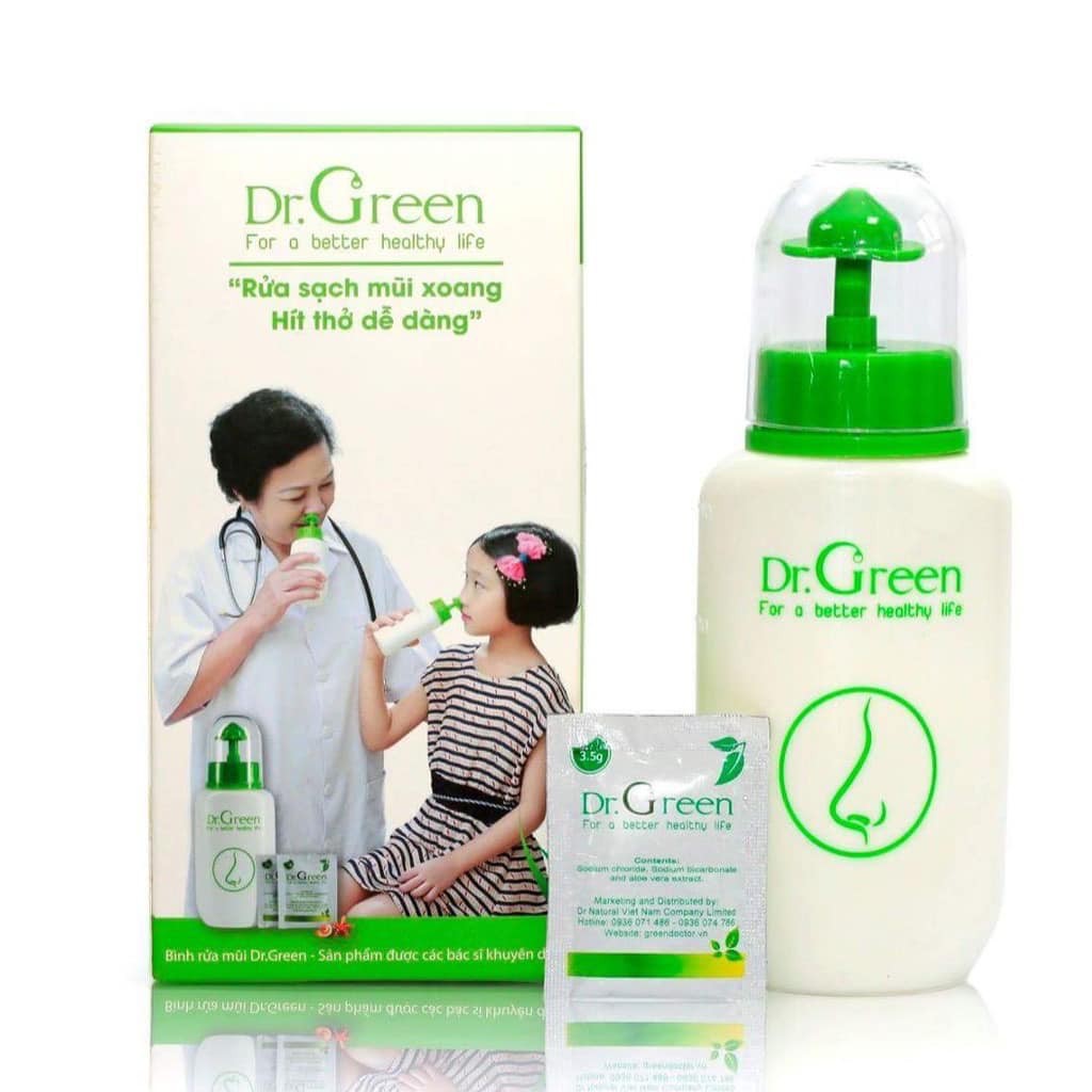 Bình rửa mũi Dr.Green chính hãng, Đầu rửa silicon, 1 bình kèm 10 gói muối biển, hỗ trợ viêm mũi xoang