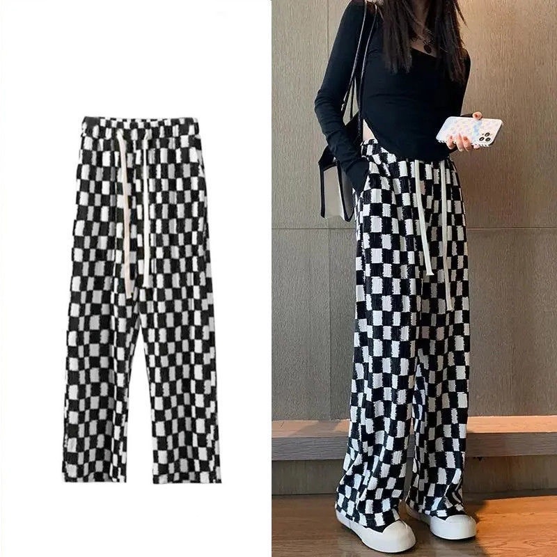 Quần dài IELGY eo cao in họa tiết caro thời trang cho nữ