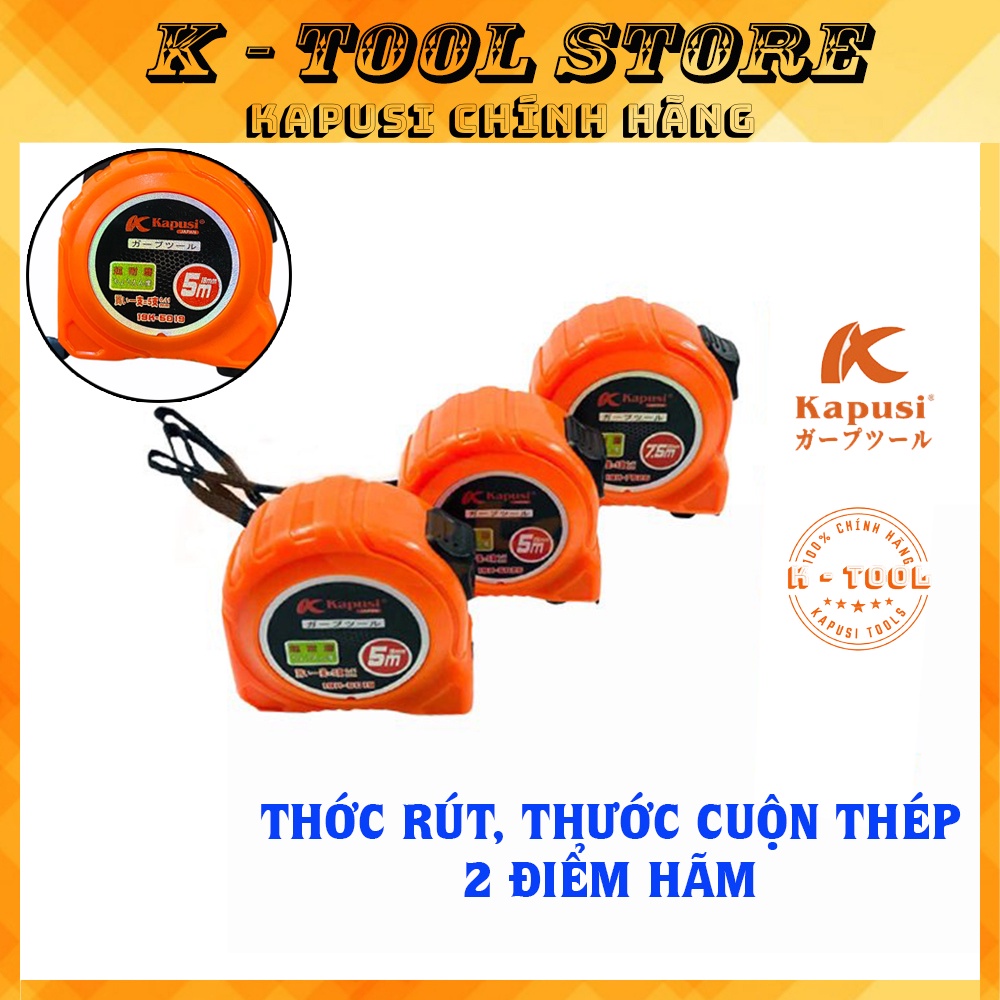 Thước Rút, Thước Cuộn Thép 5m Kapusi Nhật Bản vỏ nhựa ABS Chống sốc, số in sắc nét, 2 khóa hãm