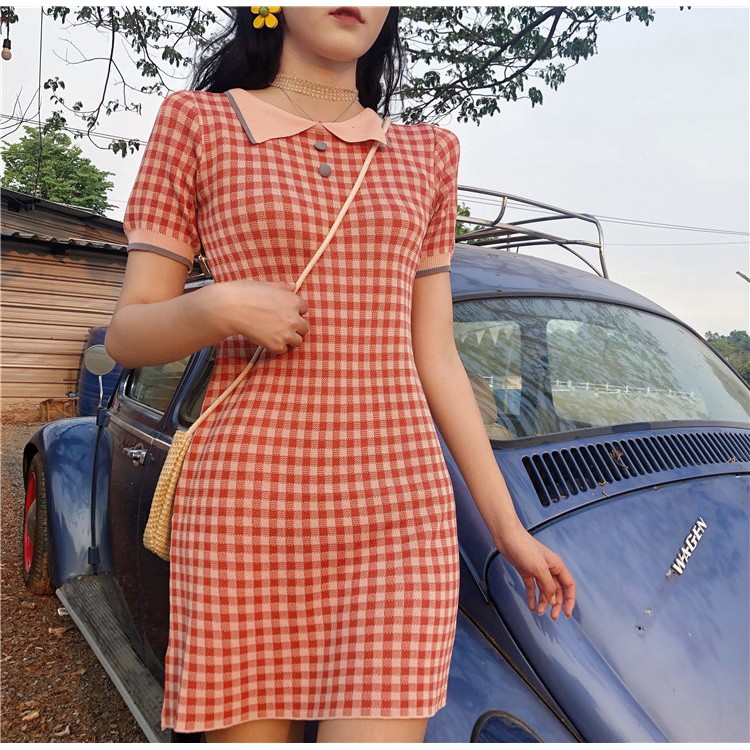 Đầm Caro Ullzang Nữ Đầm Ngắn Retro Cổ Điển Có Cổ Tay Ngắn Đầm Ôm Body Hàn Quốc VFSDC090719