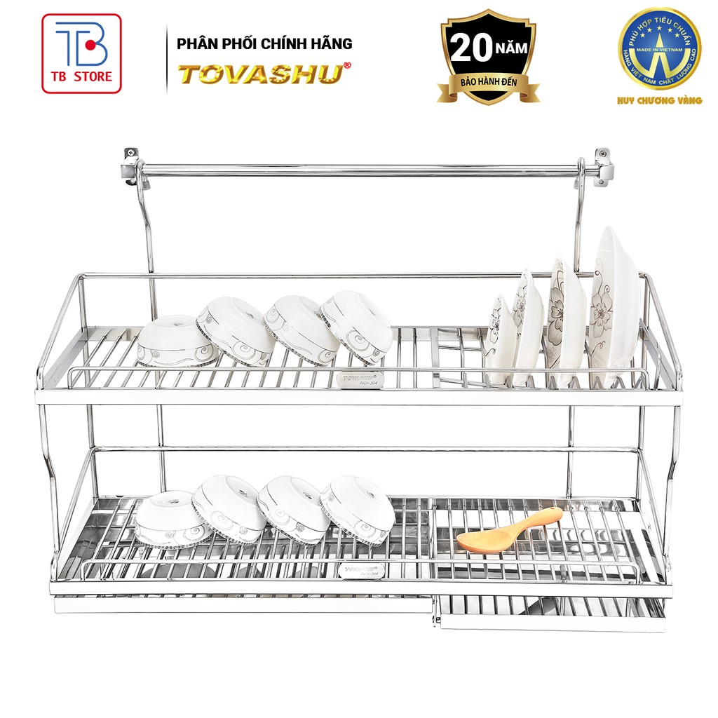 Kệ sóng chén treo tường 2 tầng có khay hứng nước UT2 Tovashu inox 304, giá để chén đũa cao cấp, kệ ú