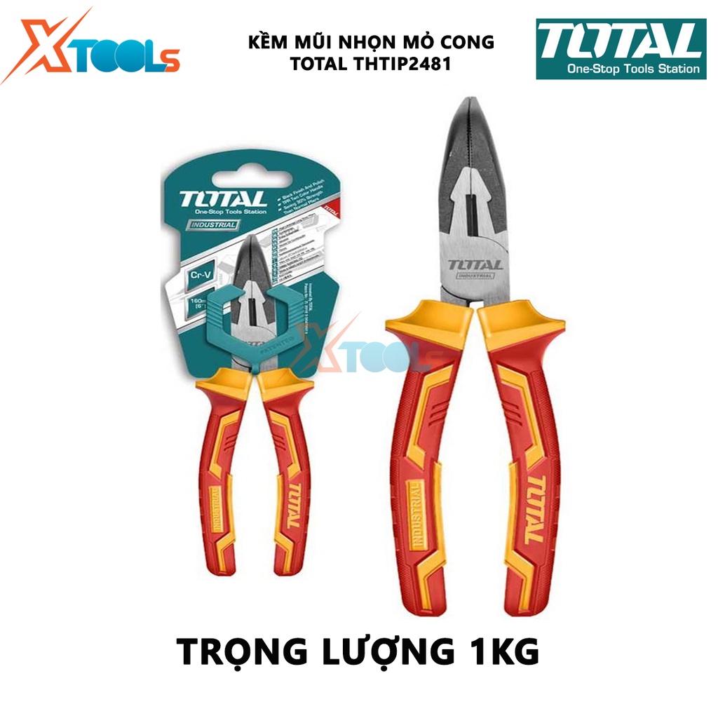 Kìm mũi nhọn mỏ cong cách điện TOTAL THTIP2481 | Kềm cách điện Kích thước 8&quot;/ 200mm, Đầu kềm được mạ đen và đánh bóng, T