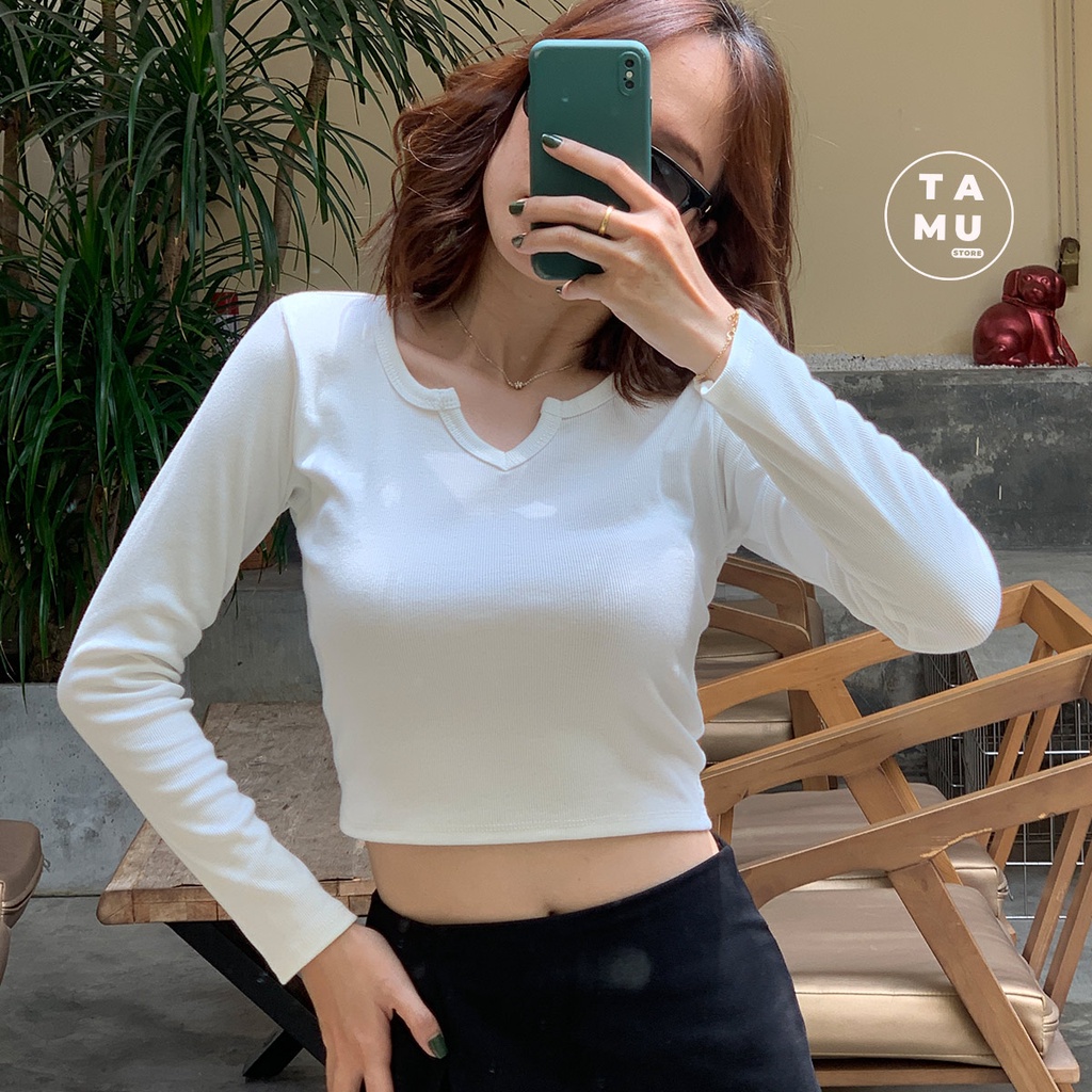 Áo croptop tay dài cổ chữ V kiểu dáng basic - CT09