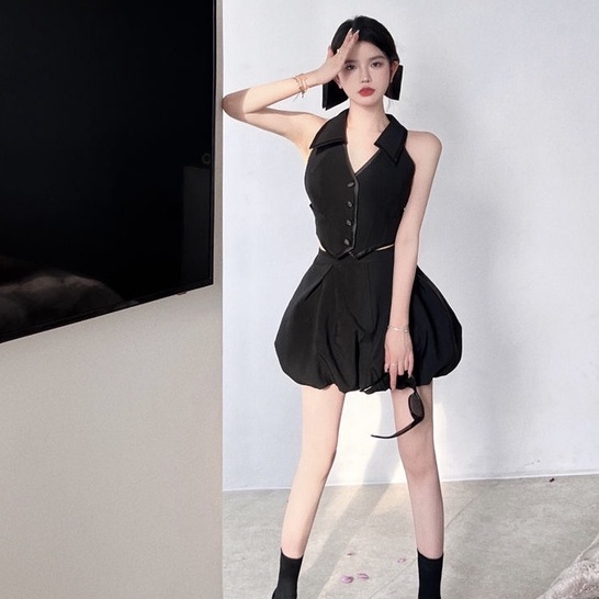 Bộ Áo Không Tay Dáng Ôm + Chân Váy Chữ A Lưng Cao Màu Đen Thời Trang Mùa Hè Quyến Rũ Cho Nữ