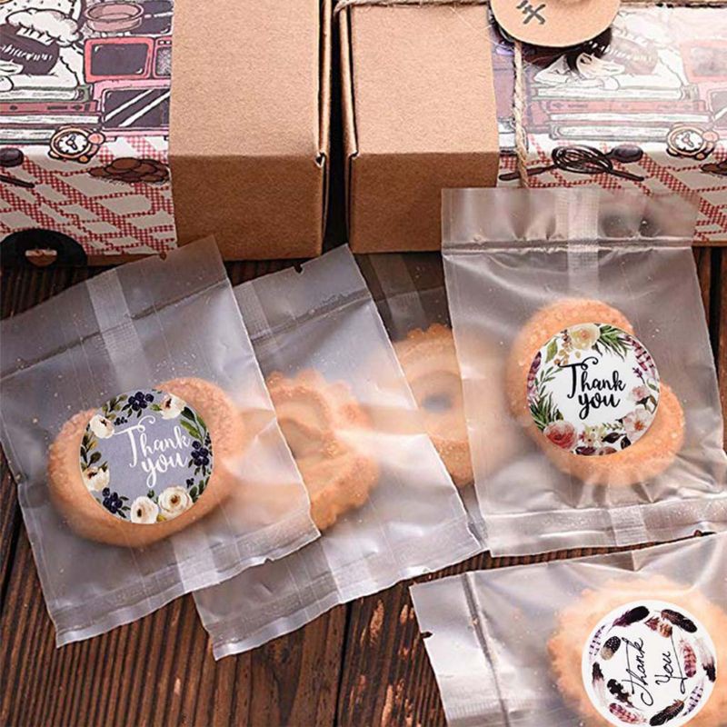 Cuộn 500 nhãn dán hình tròn chất liệu giấy kraft in chữ Thank You và bông hoa trang trí thủ công 8 kiểu