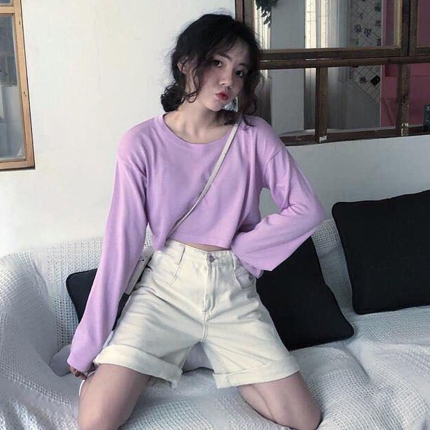 Áo Croptop Trơn Tay Dài Dáng Rộng Màu Tím Long Tee Ulzzang - MM