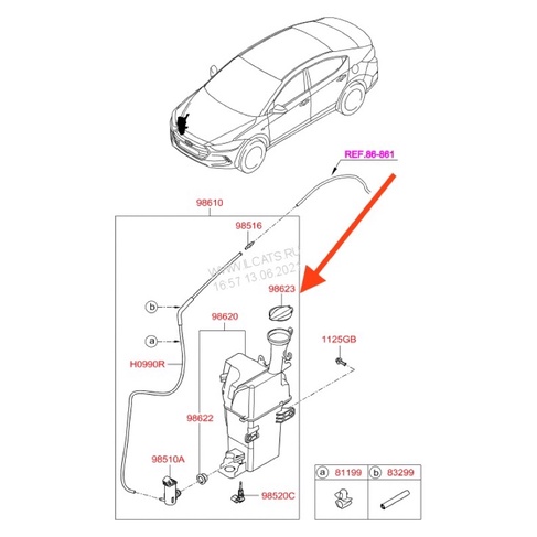 Nắp bình nước rửa kính KIA/HYUNDAI MORNING 2015 - 2019, K3, SEDONA 2015, GRAND I10... 98623A2000/98623B4000