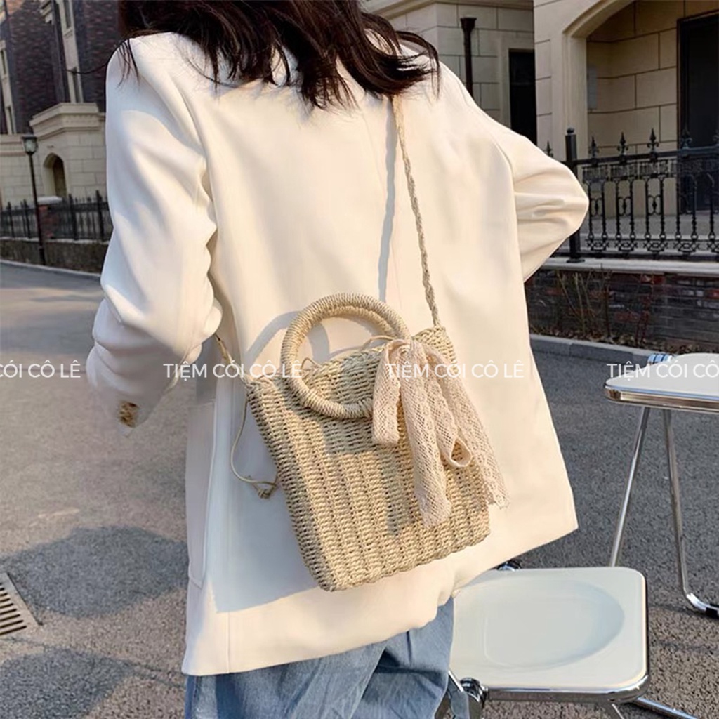 Túi cói đi biển dáng hộp đính nơ ren phong cách retro - Tiệm Cói Cô Lê