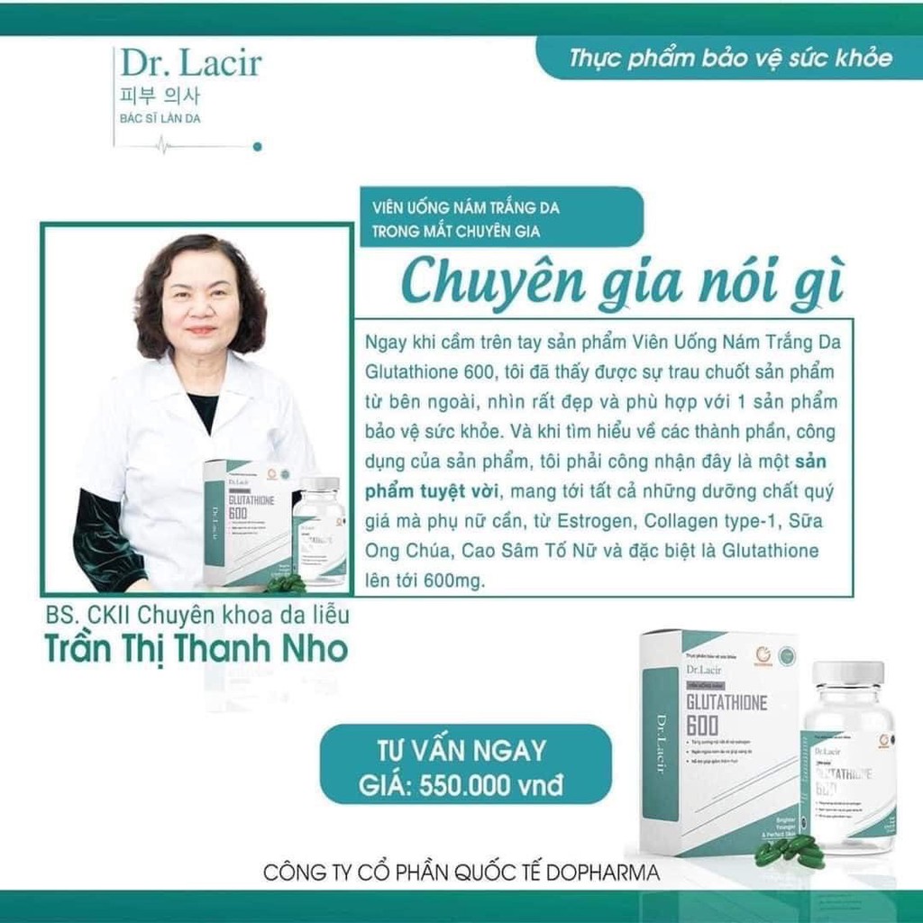 Siêu phẩm mới Viên uống trị nám tàn nhang Glutathion DR.LACIR, hộp 30 viên, hàng chính hãng, giá gốc