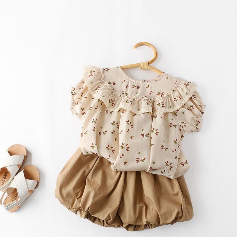 Áo Sơ Mi Cotton Tay Ngắn Phồng In Họa Tiết Hoa Thời Trang Mùa Hè Dành Cho Bé Gái
