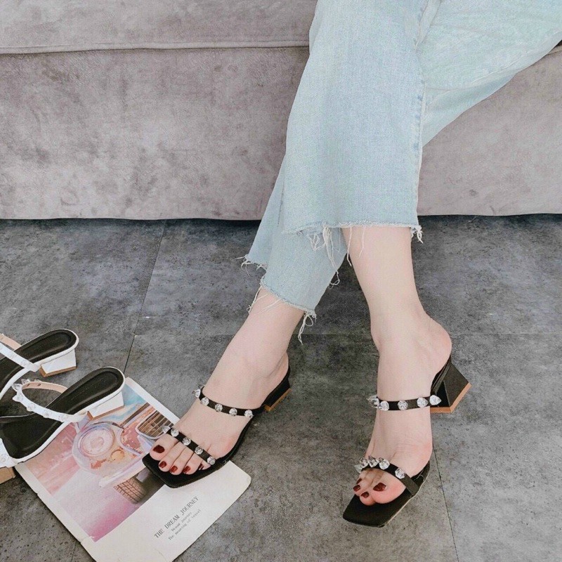 Guốc 2 quai đinh hạt đá mica gót vuông 3p (hàng đẹp)