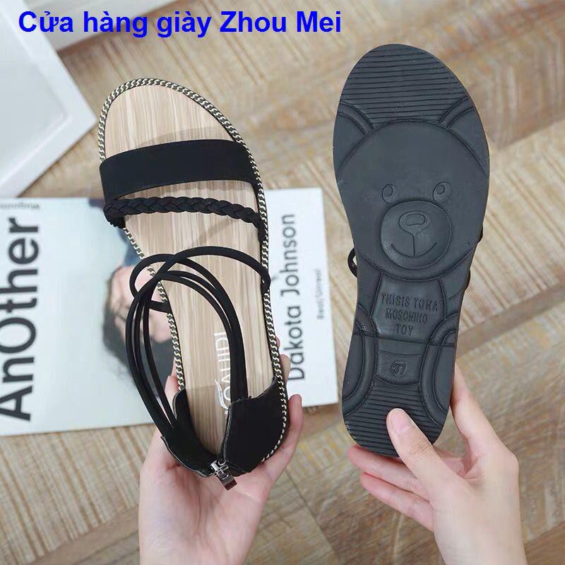 Sandals nữ đế bệt 2021 mới từ học sinh nổi tiếng mùa hè net với phong cách cổ tích Hàn Quốc Giày đi biển dây buộc _