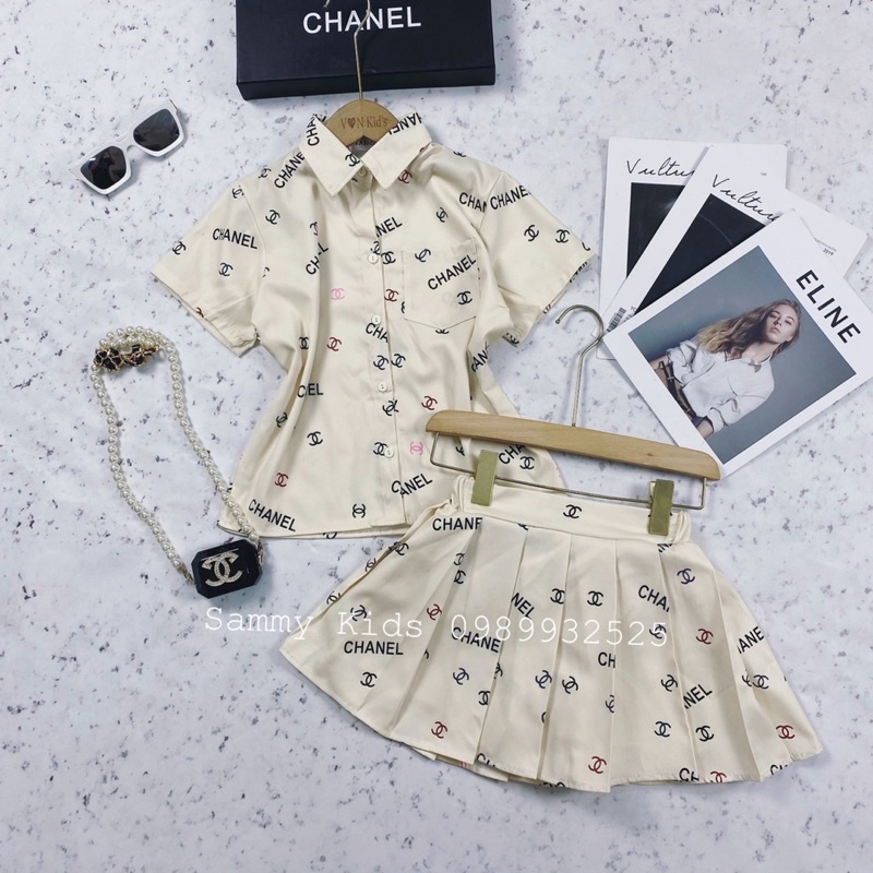 Set áo Sơmi CN quần váy xếp ly Kaki cho bé gái size đại 16-41kg cao cấp