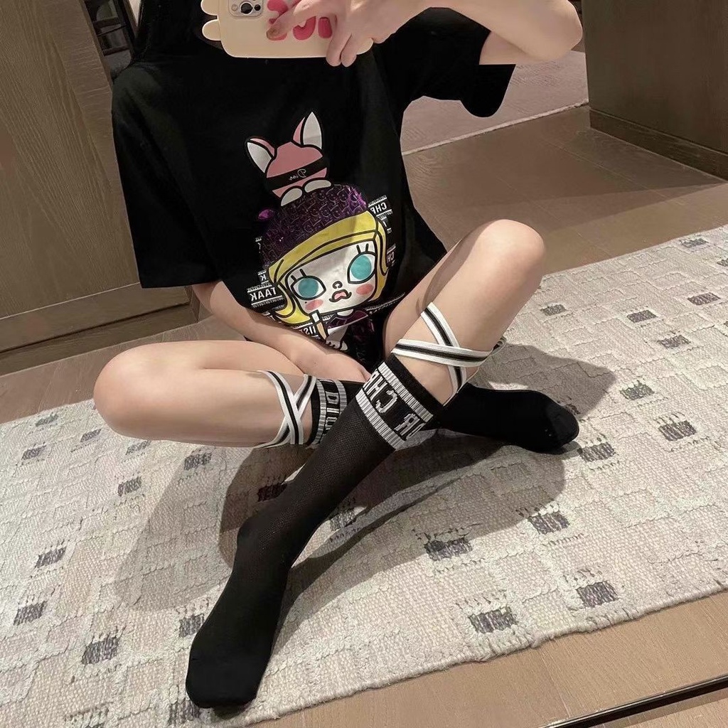 Jiashucheng Vớ Ống Cao Ngang Bắp Chân Buộc Dây Thoáng Khí In Chữ Phong Cách Preppy Đường Phố Thoáng Khí Dành Cho Bạn Nữ