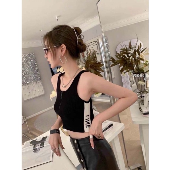 Áo len croptop cổ khóa kéo eo phối viền chữ hai bên sát nách 0522