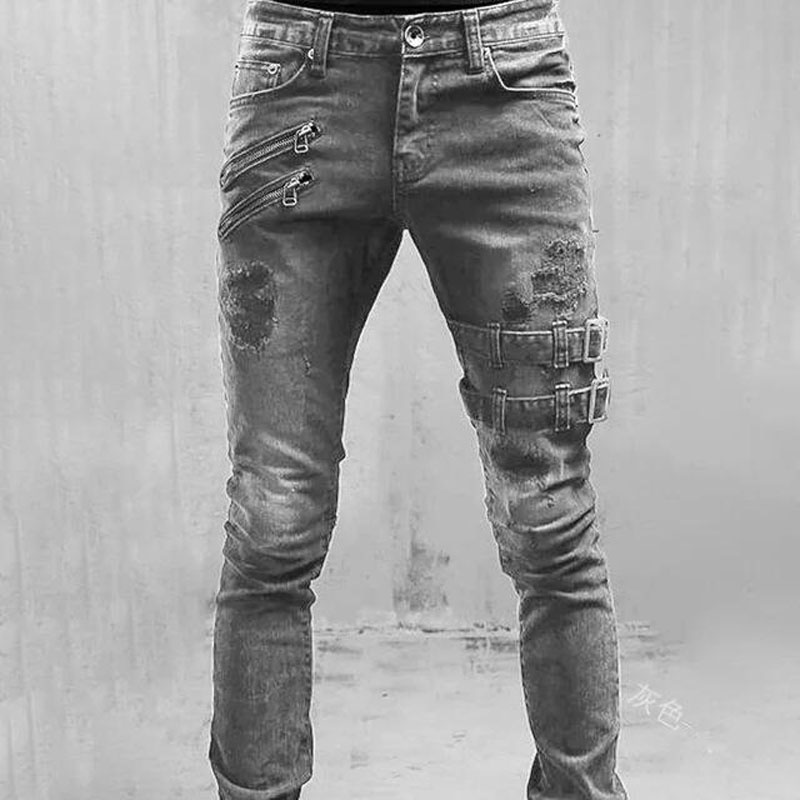 Quần Jeans Dài Dáng Ôm Phối Vết Rách Cá Tính Cho Nam