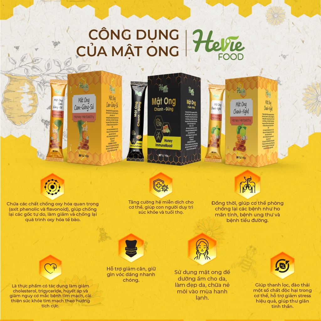 Mật ong chanh gừng, chanh nghệ, cam gừng sả tăng sức đề kháng detox cơ thể 20Gr x 20 túi Heviefood