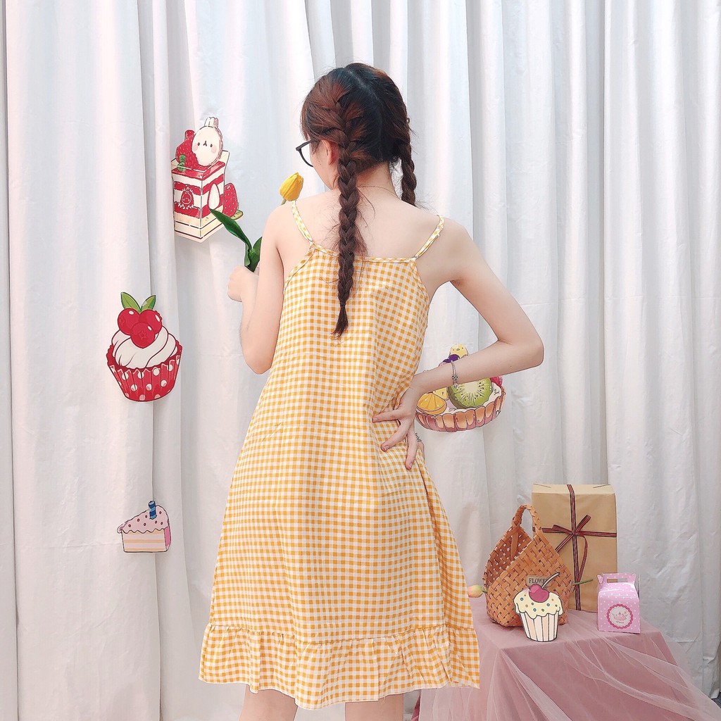 Đầm ngủ 2 dây kro 2 dây họa tiết caro 4 màu - Chất liệu siêu nhẹ cực mát ( khoen kro ) VD-04 | BigBuy360 - bigbuy360.vn