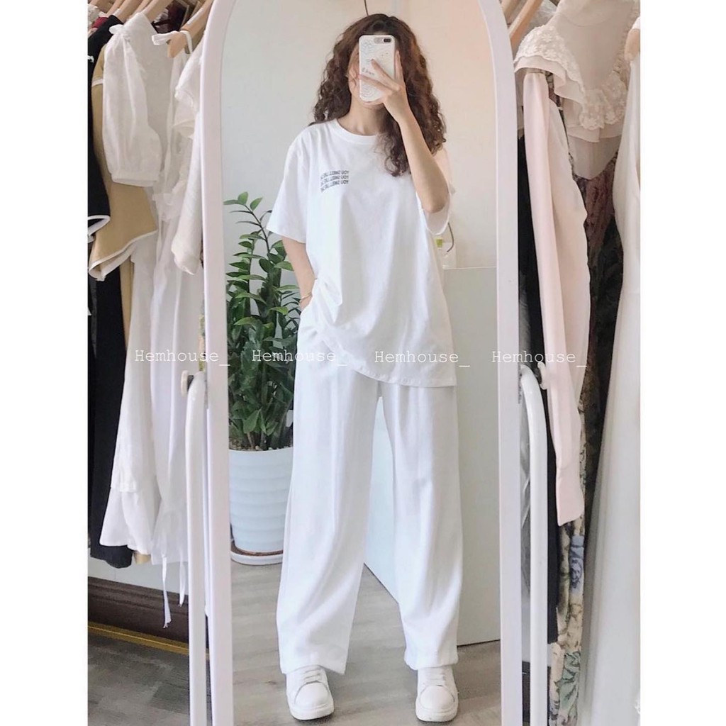 Quần trắng nữ cộng set áo cổ tròn Monster-style Unisex phông trơn cộc tay lỡ oversize trắng đen cotton | BigBuy360 - bigbuy360.vn