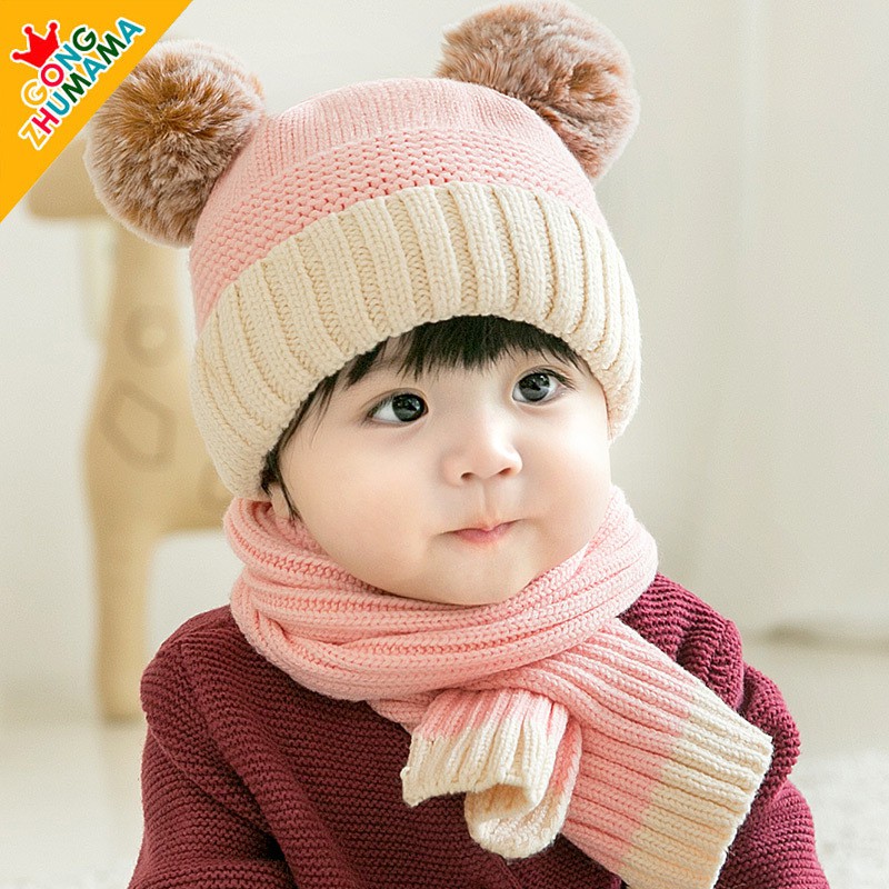 Mũ nón len hai quả bông kèm khăn cổ gân trơn MÃ-MS02 cho bé trai bé gái