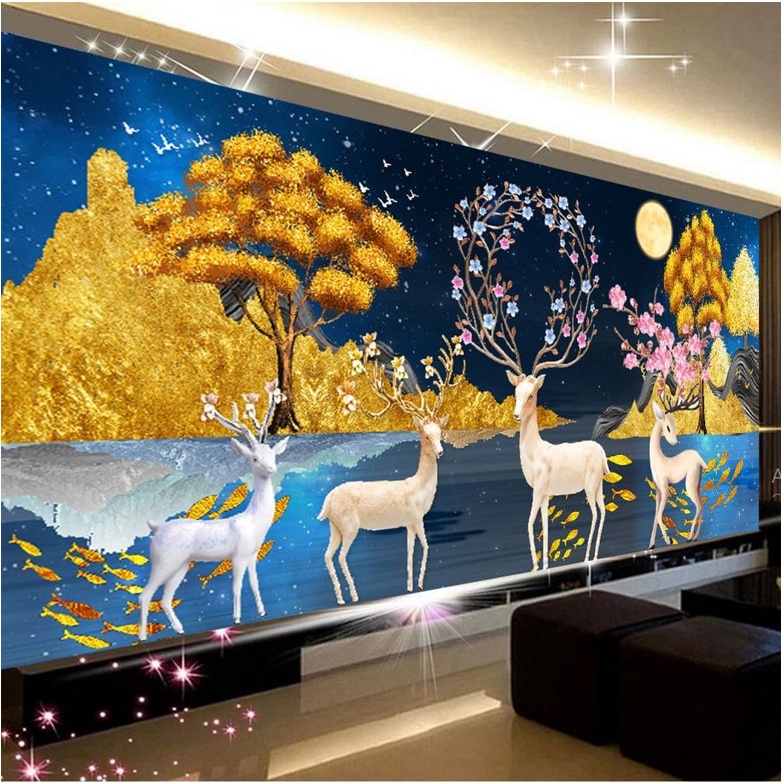 Tranh Đính Đá PHONG CẢNH HIỆN ĐẠI HƯƠU NAI TÀI LỘC. Kích Thước: 1m20 x 50cm - 1m50 x 60cm