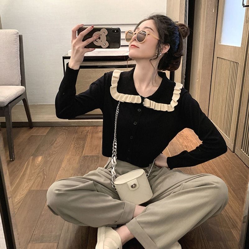 Áo Dệt Kim Tay Dài Dáng Rộng Cổ Búp Bê Thời Trang Mùa Thu Cho Nữ