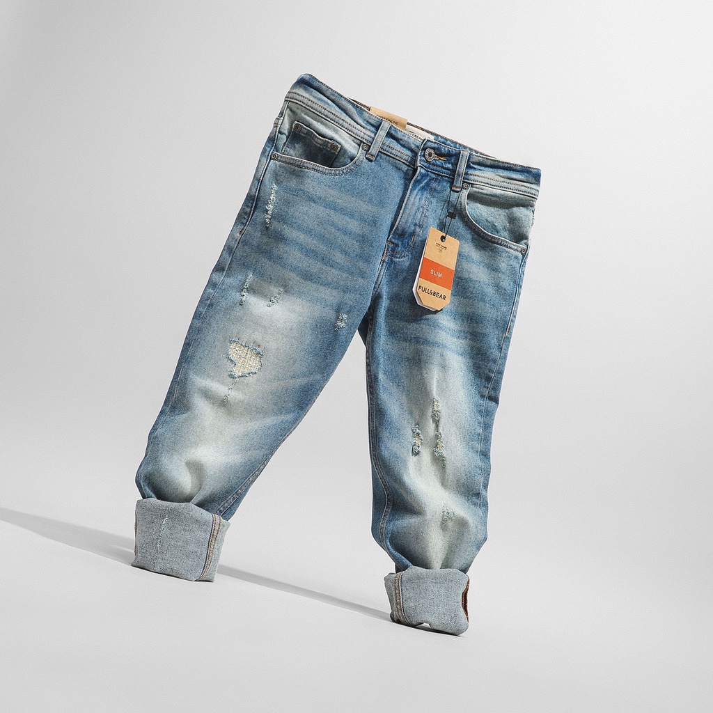 Quần Jean Nam Pullbear xanh wash ziczac (Form Slimfit,chất vải co dãn,ống quần 15-18cm,hàng VNXK) JPB0507 | BigBuy360 - bigbuy360.vn