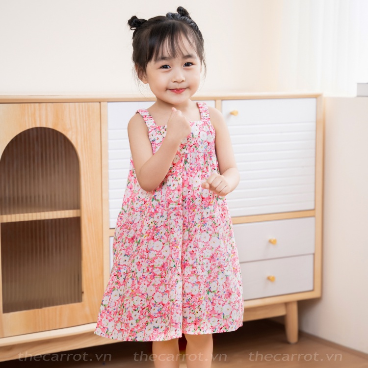 Váy Bé Gái Carrot, Hai Dây Chun Vai Họa Tiết Hoa Đào Hồng, Đào Vàng, Chất Vải Thô Boi Mềm Mịn Thấm Hút Mồ Hôi Tốt