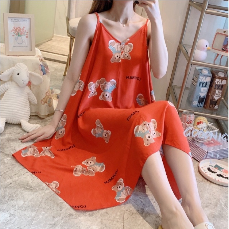 Váy lanh Quảng Châu hai dây họa tiết trẻ trung, thời trang