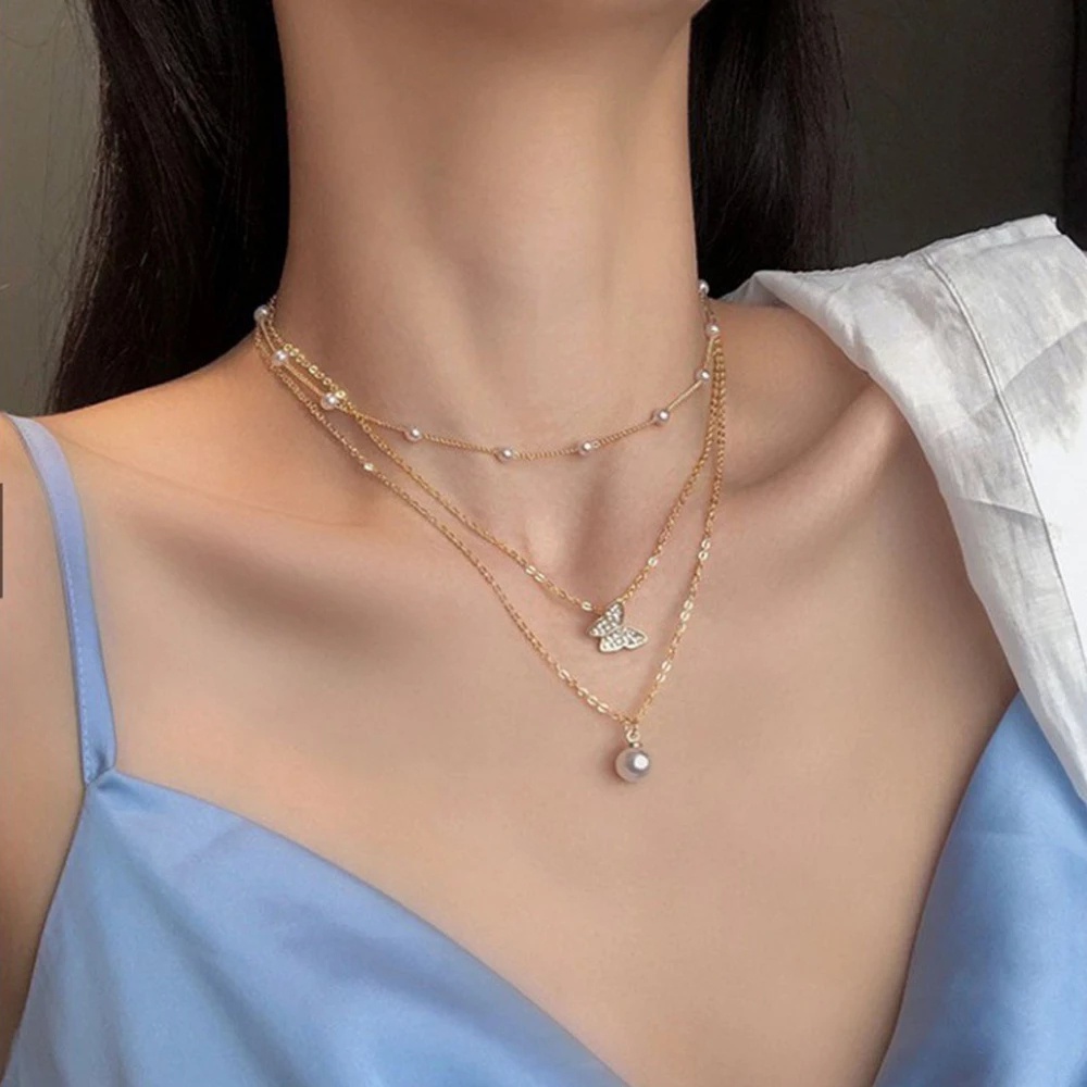 Vòng cổ Nhiều Lớp Đính Ngọc Trai Thời Trang Hàn Quốc
