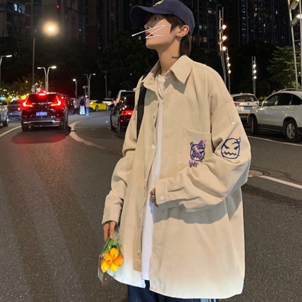 in Bình thường Áo khoác sơ mi Sự đơn giả tạo chiều rộng trong họa tiết cá tính thời trang hàn quốc cho nam cặ đôi áo sơ mi khuôn viên Bình thường áo sơ mi nam nhung tăm fresh from rộng áo sơ mi nam unisex