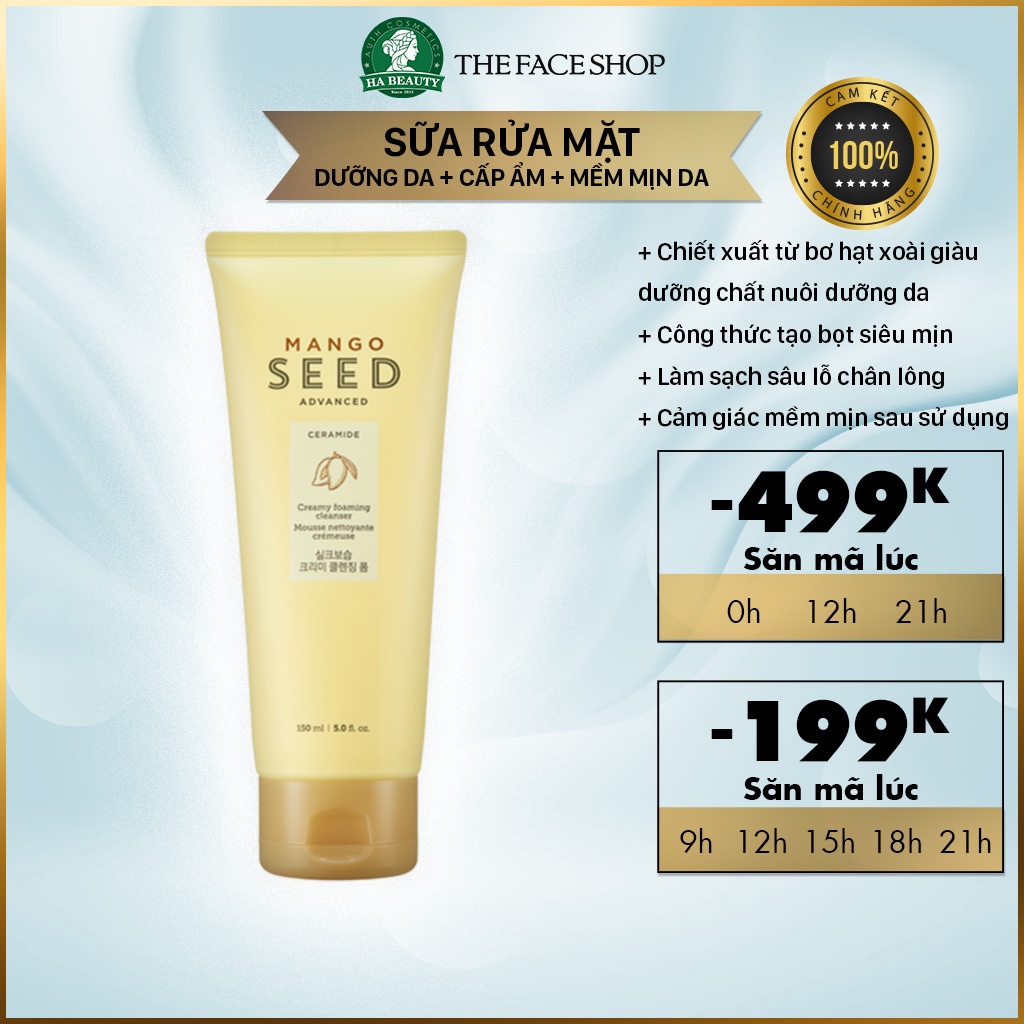 Sữa rửa mặt cấp ẩm The Face Shop Mango Seed Creamy Foaming Cleanser 150ml dưỡng ẩm sạch sâu se khít lỗ chân lông