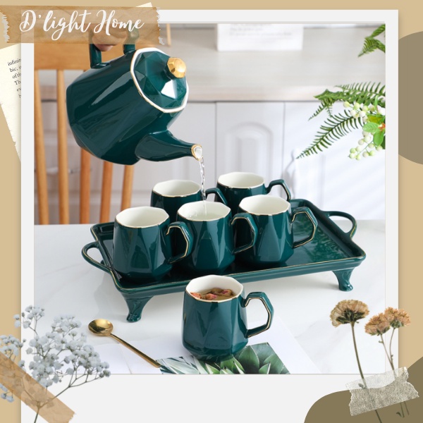 Bộ ấm chén trà sứ cao cấp kim cương xanh cổ vịt viền vàng bằng sứ cao cấp sang trọng, đẳng cấp