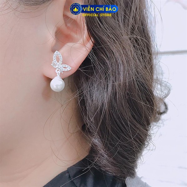 Bông tai bạc nữ Trái châu cánh bướm đính đá chất liệu bạc 925 thời trang phụ kiện trang sức nữ Viễn Chí Bảo B400444