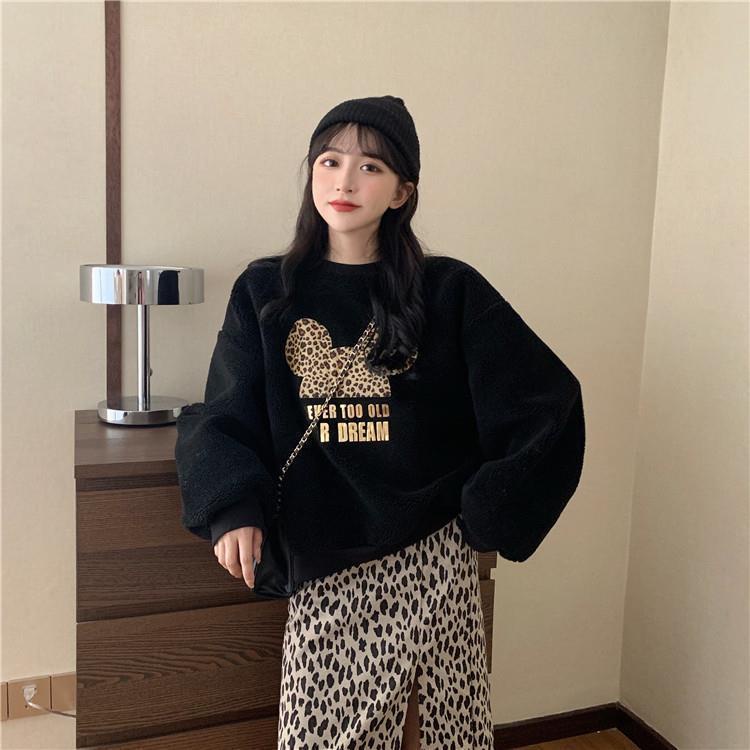 Áo sweater vải nhung lông cừu dày dáng rộng in hình Mickey dễ thương phong cách Hàn Quốc thời trang thu đông