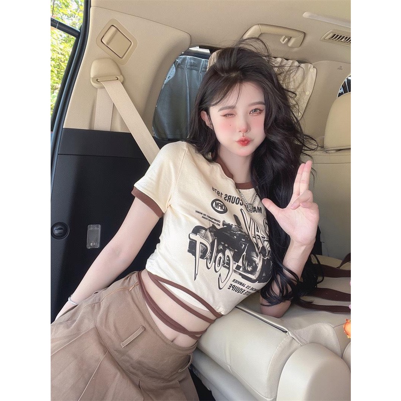 Áo Croptop Body Tay Ngắn ALOHASHOP91 Dáng Ôm Dây Đan Eo In Hình XINH XẮN