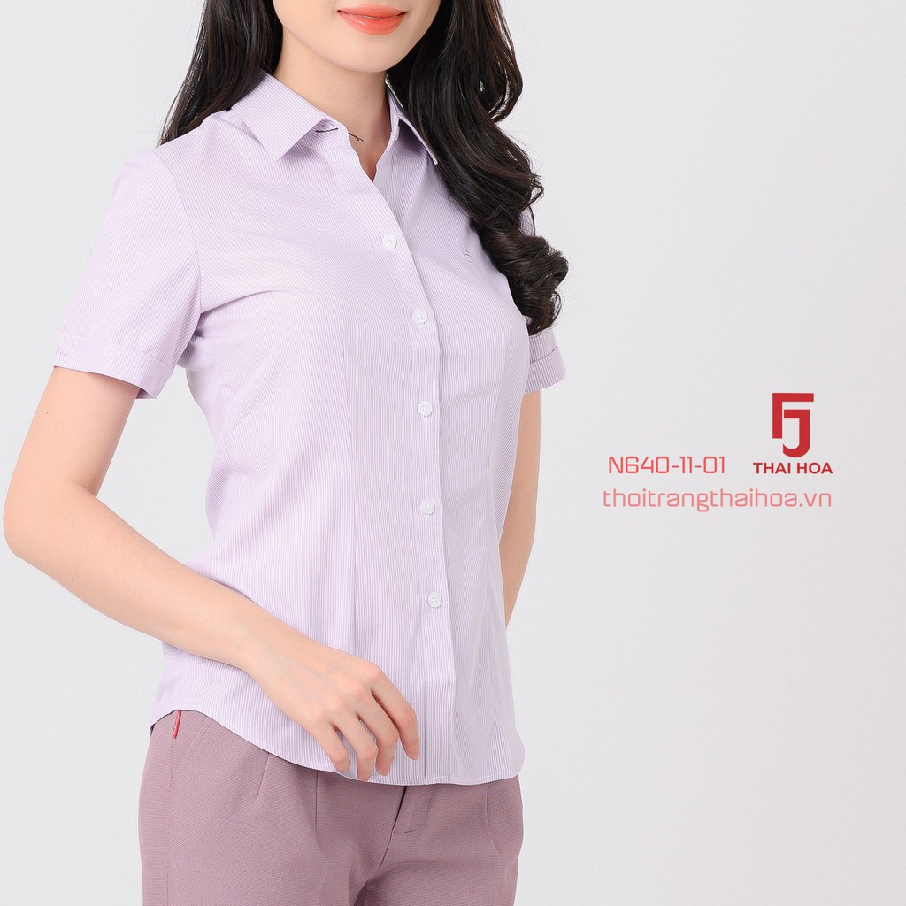 Áo sơ mi nữ tay ngắn công sở kẻ caro sọc thẳng nhỏ màu hồng kiểu cotton N640-11-01