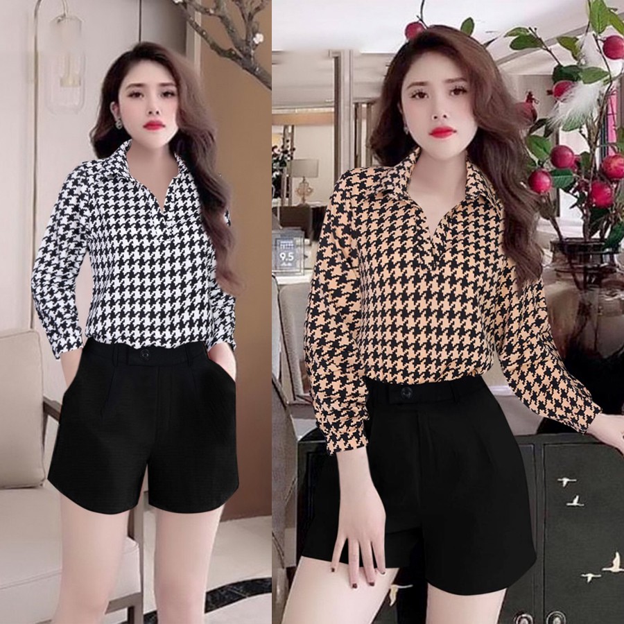 🌹 Set nguyên bộ quần short áo sơ mi tay dài họa tiết ziczac MÃ 1104