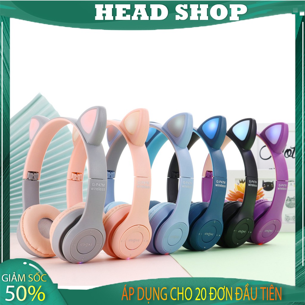 Tai Nghe mèo Bluetooth P47-M Chụp tai có Mic Headphone không dây Dễ Thương tai mèo nghe nhạc, chơi game HEADSHOP