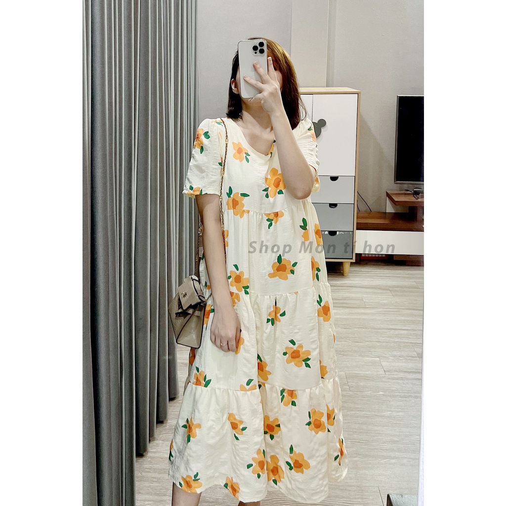 Váy Bầu Mùa Hè cao cấp | Chất Đũi Xốp Nền Be Hoa Cam