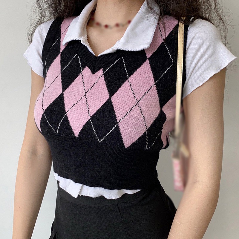Áo Tank Top Dệt Kim Cổ Chữ V Màu Tương Phản Phong Cách Retro Cho Nữ