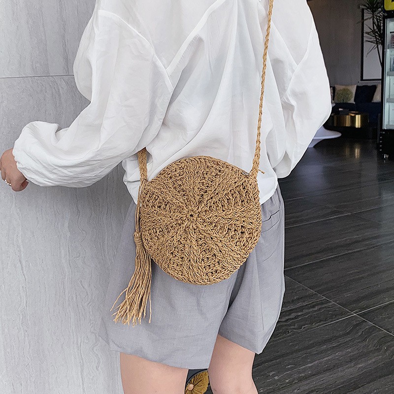 Túi xách dáng tròn đan sợi cói thời trang đi biển cho nữ