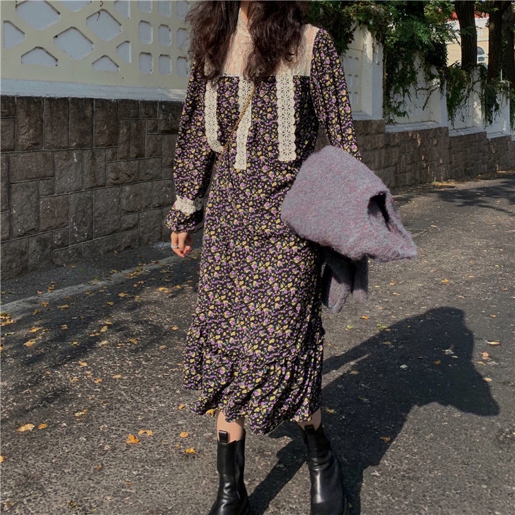 Đầm Hoa Phối Ren Thời Trang Thu Đông Cho Nữ