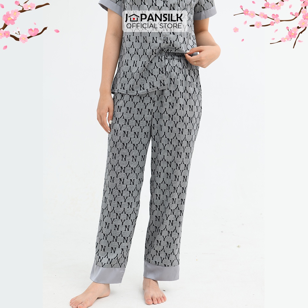 Bộ Mặc Nhà Pijama Lụa Nhật Cao Cấp JAPAN SILK Tay Ngắn Quần Dài Họa Tiết Sang Trọng