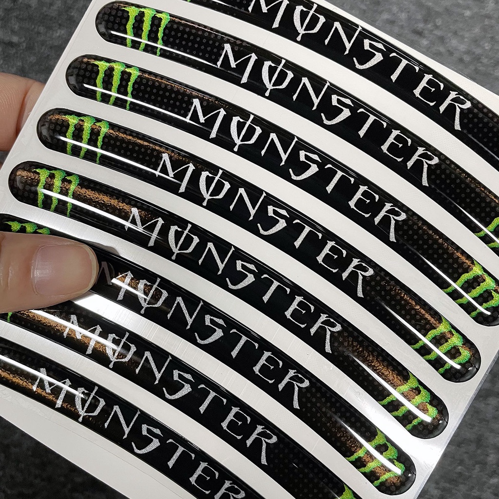 Bộ 8 Miếng Dán 3D Trang Trí Vành Bánh Xe Mô Tô Honda Yamha Monster Energy Series 12 14 16 17 18 19 20 21 Inch
